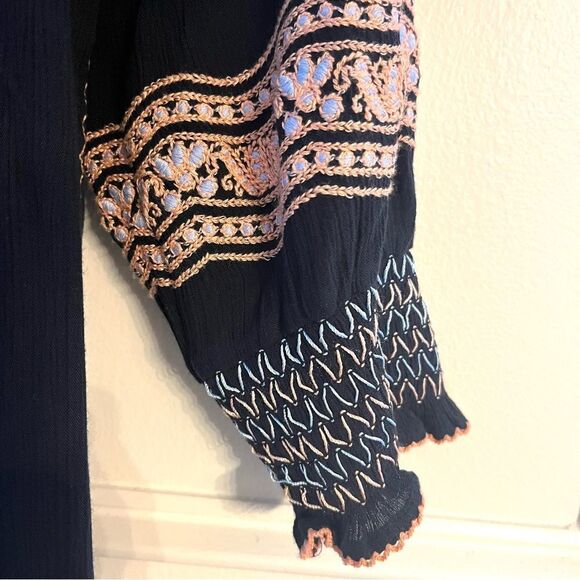 Free People Wind Willow Long Sleeve Peasant Style VNeck Mini Dress Navy Pink XS - Picture 8 of 14